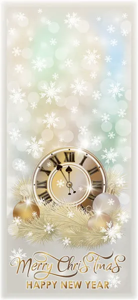 Feliz Navidad Banner Año Nuevo Con Reloj Oro Ilustración Vectores — Vector de stock