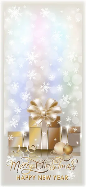 幸せなメリークリスマス 黄金のクリスマスギフトボックスと新年のバナー ベクトルイラスト — ストックベクタ
