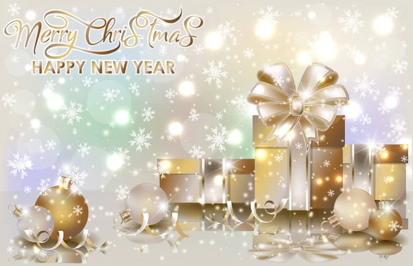 メリークリスマス 新年の壁紙黄金のクリスマスギフトボックス ベクトルイラスト — ストックベクタ