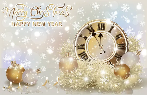 Merry Christmas New Year Background Xmas Clock Vector Illustration — Stock Vector