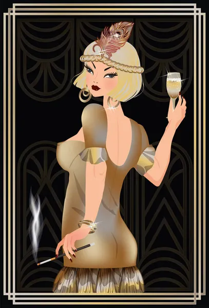 Hermosa Chica Con Champán Estilo Art Deco Vector Ilustración — Vector de stock