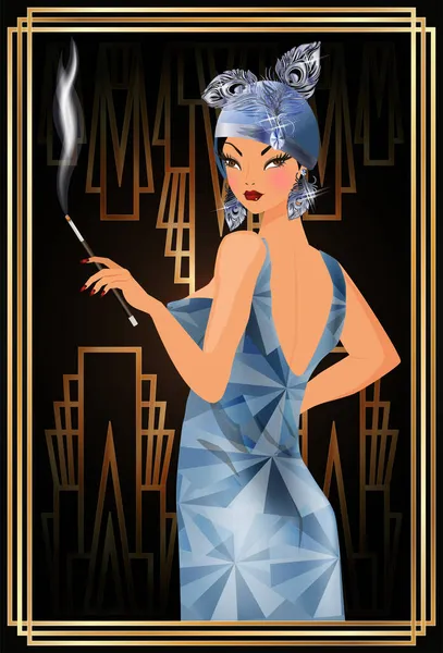 Flapper Femme Avec Porte Cigarette Style Art Déco Illustration Vectorielle — Image vectorielle