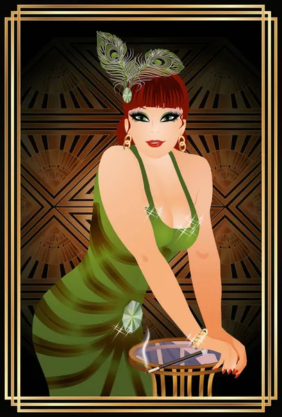 Oung Redhead Woman Leans Glass Tablein Card Style Art Deco — Stock Vector