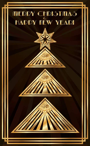 Nieuwjaarskaart Art Deco Stijl Met Gouden Kerstboom Vector Illustrati — Stockvector