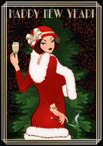 Nuovo Anno Carta Con Flapper Ragazza Albero Natale Stile Art — Vettoriale Stock