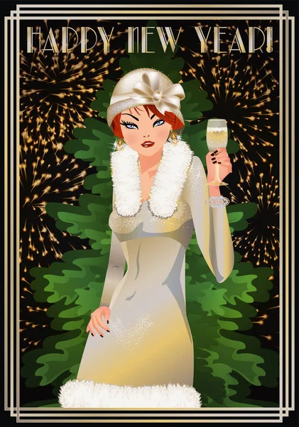 Ευτυχισμένο Νέο Έτος Ταπετσαρία Flapper Κορίτσι Χριστουγεννιάτικο Δέντρο Art Deco — Διανυσματικό Αρχείο