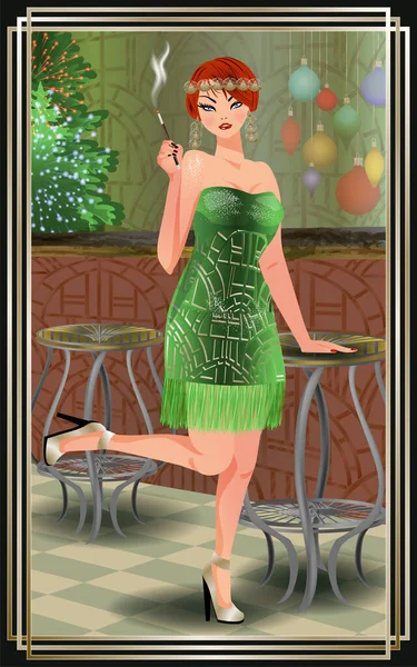 Anno Nuovo Carta Parati Stile Art Deco Flapper Ragazza Con — Vettoriale Stock