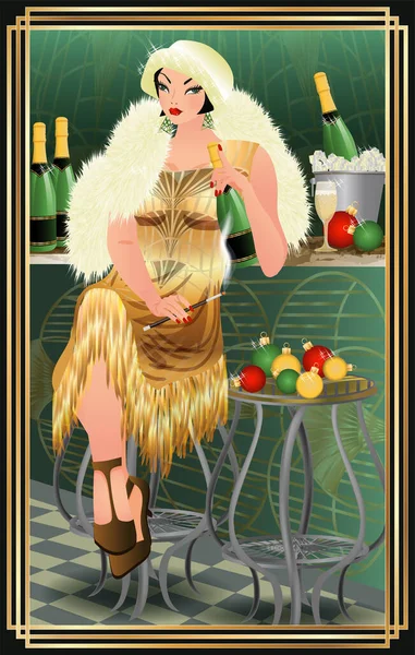 Nieuwjaarskaart Met Flapper Meisje Kerstballen Champagne Vector Illustratie — Stockvector