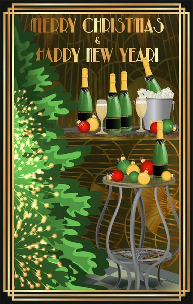 Joyeux Noël Carte Nouvel Style Art Déco Avec Champagne Sapin — Image vectorielle