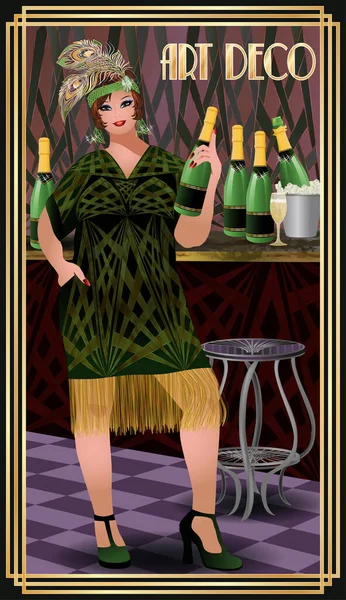 Art Deco Estilo Flapper Xxl Menina Com Champanhe Ilustração Vetorial — Vetor de Stock