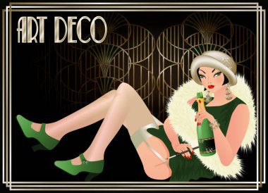 Şampanya ve vektör illüstrasyonuyla koltukta oturan kanatlı kadın.