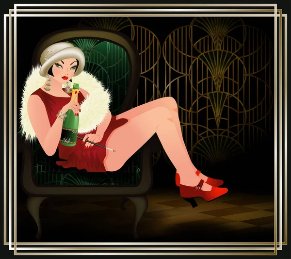 Belle Femme Dans Fauteuil Avec Champagne Style Art Déco Illustration — Image vectorielle