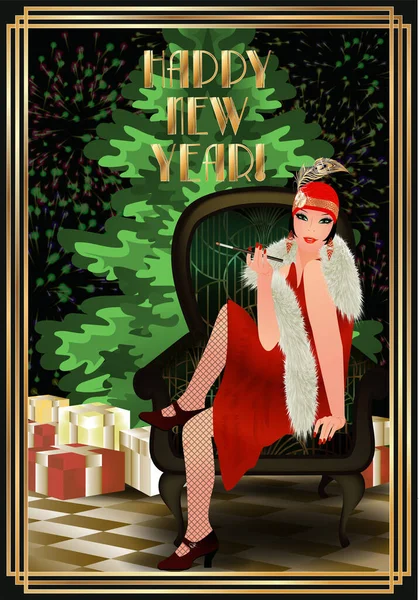 Tarjeta Invitación Año Nuevo Con Flapper Girl Árbol Navidad Vector — Vector de stock