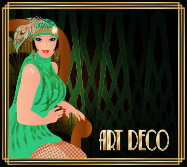 Koltuktaki kanat çırpan kadın stil sanat deco, vektör illüstrasyon