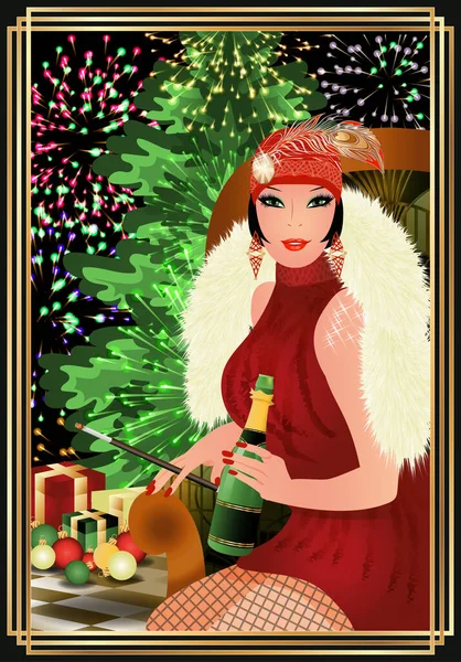 新年グリーティングカードとともにフラッパーの女の子とクリスマスツリー ベクトルイラスト — ストックベクタ