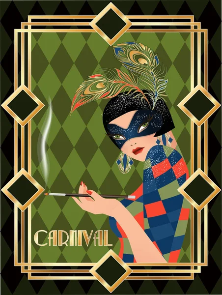 Woman Carnival Mask Art Deco Style Vector Illustration — стоковый вектор