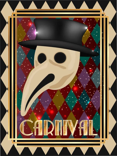 Venetian Carnival Mask Plague Doctor Card Art Deco Style Vector — стоковий вектор