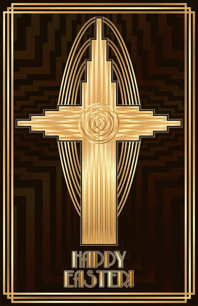 Feliz Pascua Art Deco Vip Card Con Cruz Católica Oro — Archivo Imágenes Vectoriales