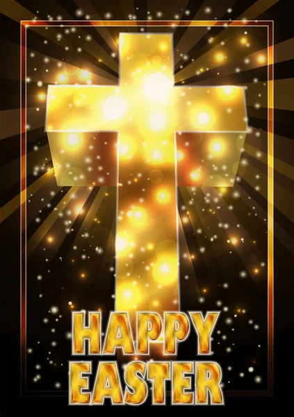 Feliz Pascua Tarjeta Oro Con Cruz Cristiana Vector Ilustración — Vector de stock