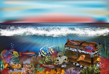 Hazine sandığı elmasları, vektör illüstrasyonlu sualtı geçmişi