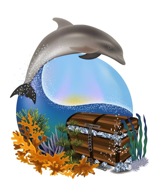 Underwater Card Diamonds Chest Box Dolphin Vector Illustration — Stock Vector