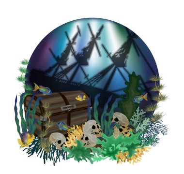 Batık gemi ve hazine sandığı olan sualtı kartı. vektör illüstrasyonu