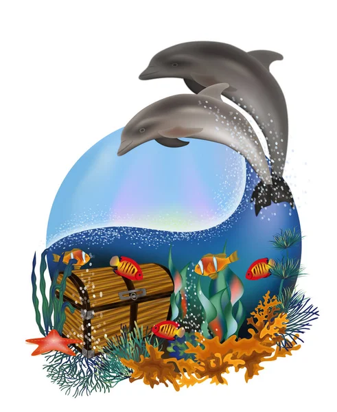 イルカやダイヤモンドチェストボックス付き水中カード ベクターイラスト — ストックベクタ