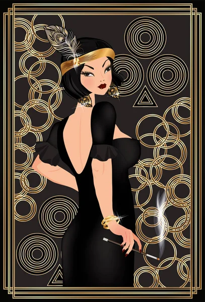 Clubs Art Deco Poker Card Brunette Woman Vector Illustration — Stock Vector