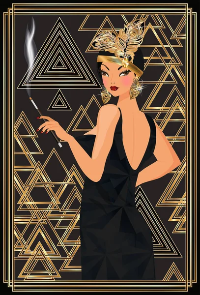 Schoppen Art Deco Poker Kaart Met Jonge Vrouw Vector Illustratie — Stockvector