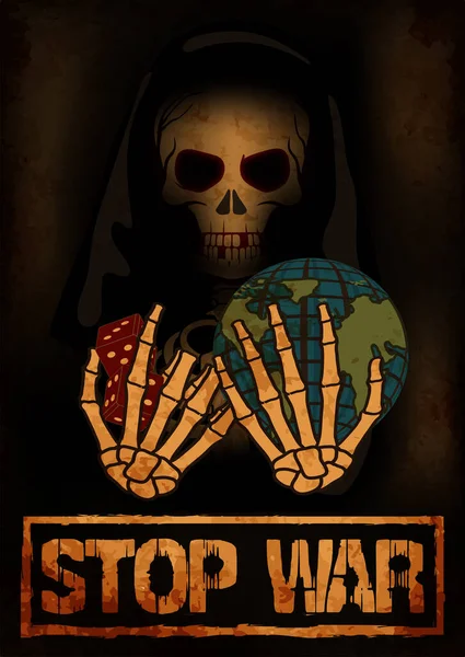 Stop War Cartão Postal Esqueleto Segurando Terra Dados Ilustração Vetorial — Vetor de Stock