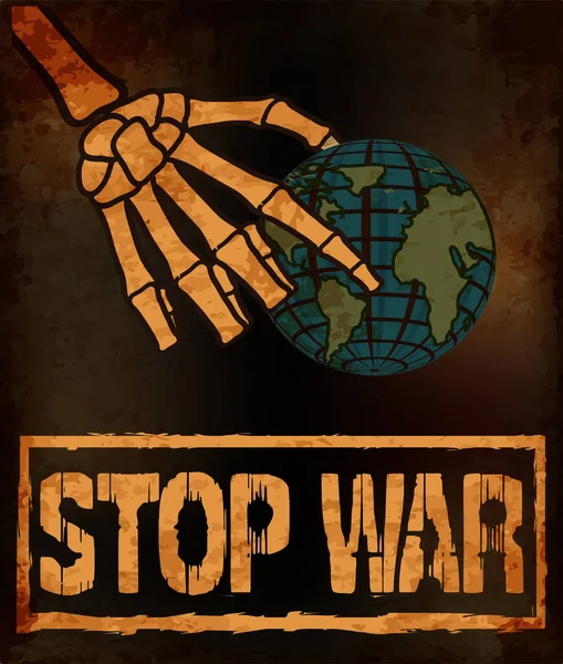 Stop War Banner Mão Esqueleto Segurando Terra Ilustração Vetorial — Vetor de Stock