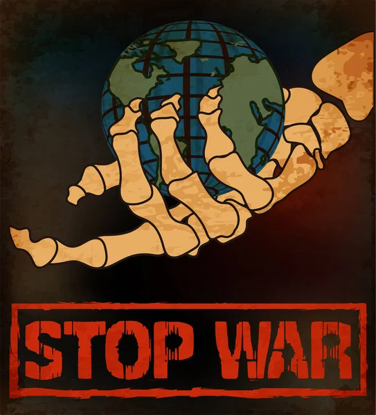 Stop War Tarjeta Esqueleto Mano Sosteniendo Tierra Vector Ilustración — Vector de stock