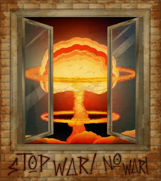 War Stop War Плакат Ядерный Взрыв Открытом Окне Векторная Иллюстрация — стоковый вектор