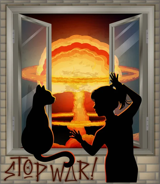 Stop War Fondo Pantalla Con Explosión Nuclear Niña Gato Ilustración — Vector de stock