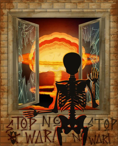 Stop War Плакат Обои Человеческий Скелет Ядерный Взрыв Разбитом Окне — стоковый вектор