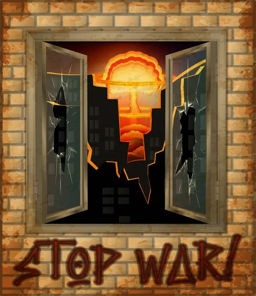 Inget Krig Stop War Affischkort Kärnvapenexplosion Förstörd Stad Vektorillustration — Stock vektor