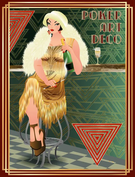 Harten Poker Kaart Met Mode Vrouw Art Deco Stijl Vector — Stockvector