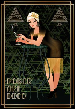 Kadın sanat deco tarzıyla maça kumarhane poker kartı, vektör illüstrasyonu