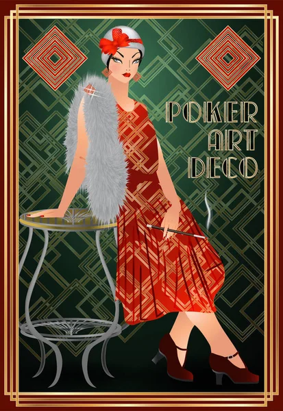 Diamanten Casino Poker Kaart Met Meisje Art Deco Stijl Vector — Stockvector