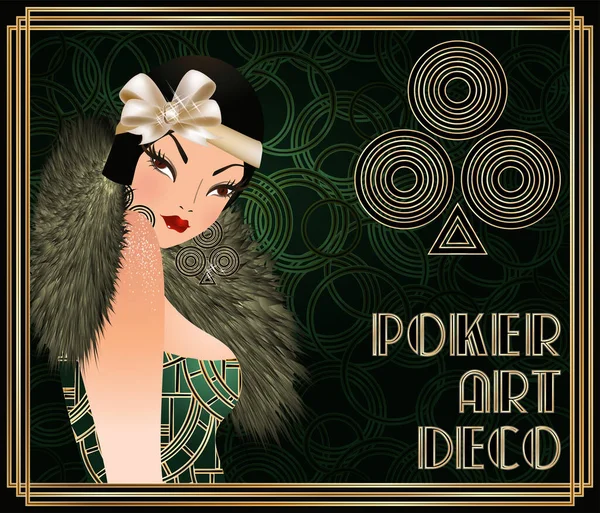 Clubs Poker Kaart Met Flapper Meisje Art Deco Stijl Vector — Stockvector