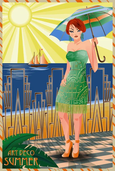 Summer Flapper Mädchen Mit Regenschirm Art Deco Karte Vektorillustration — Stockvektor