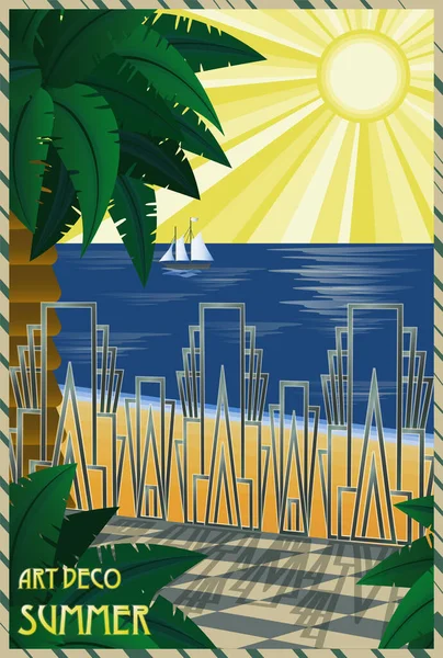 Tarjeta Art Deco Frente Mar Verano Ilustración Vectorial — Archivo Imágenes Vectoriales