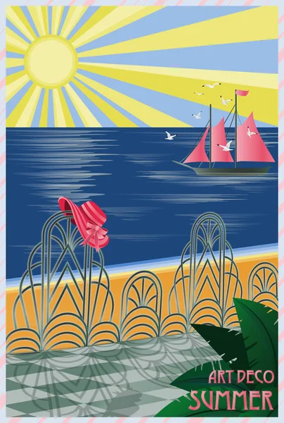 Fondo Art Deco Frente Mar Tropical Ilustración Vectorial — Archivo Imágenes Vectoriales