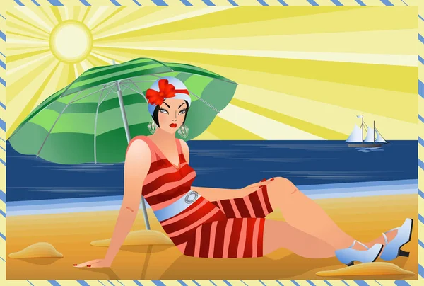 Літня Жінка Пляжі Картка Арт Деко Векторні Ілюстрації — стоковий вектор