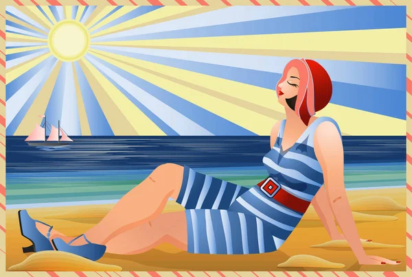 Verão Arte Deco Menina Banhos Sol Praia Ilustração Vetorial — Vetor de Stock