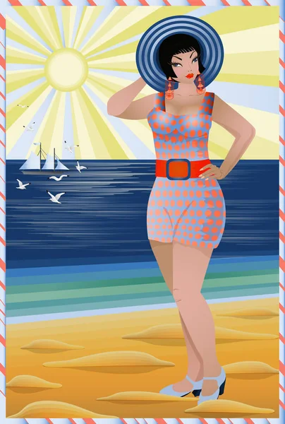 Verano Art Deco Chica Playa Vector Ilustración — Vector de stock