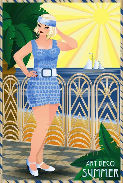 Summer Flapper Woman Beach Art Deco Card Vector Illustration — Stock Vector