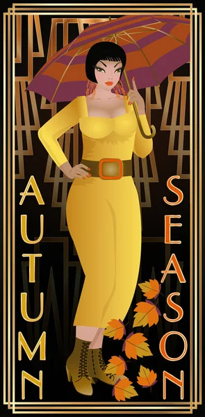 Autumn Seasons Girl Art Deco Card Vector Illustration — Stock Vector