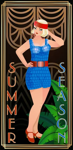 Art Deco Kort Sommar Säsonger Flicka Vektor Illustration — Stock vektor