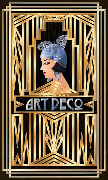 Art Deco Kartka Okolicznościowa Klapką Dziewczyna Wektor Ilustracja — Wektor stockowy